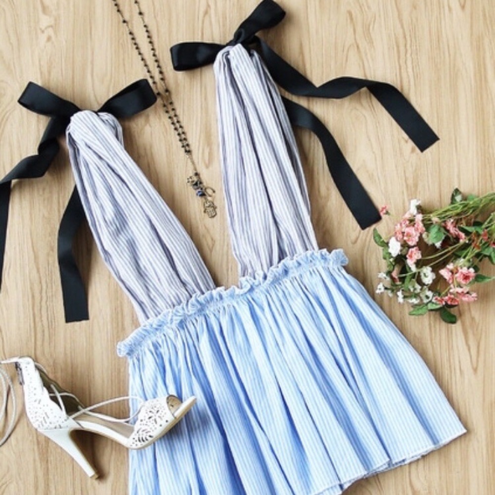 Tie Shoulder Striped Plunge Peplum Top